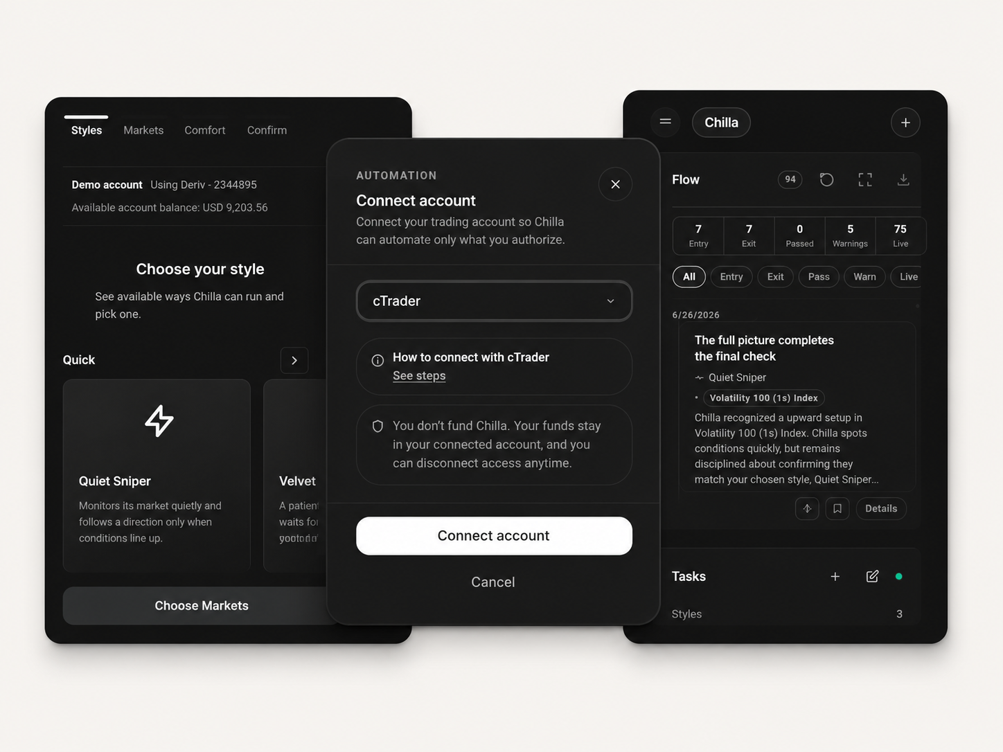 Chilla setup, account connection and Flow screens.